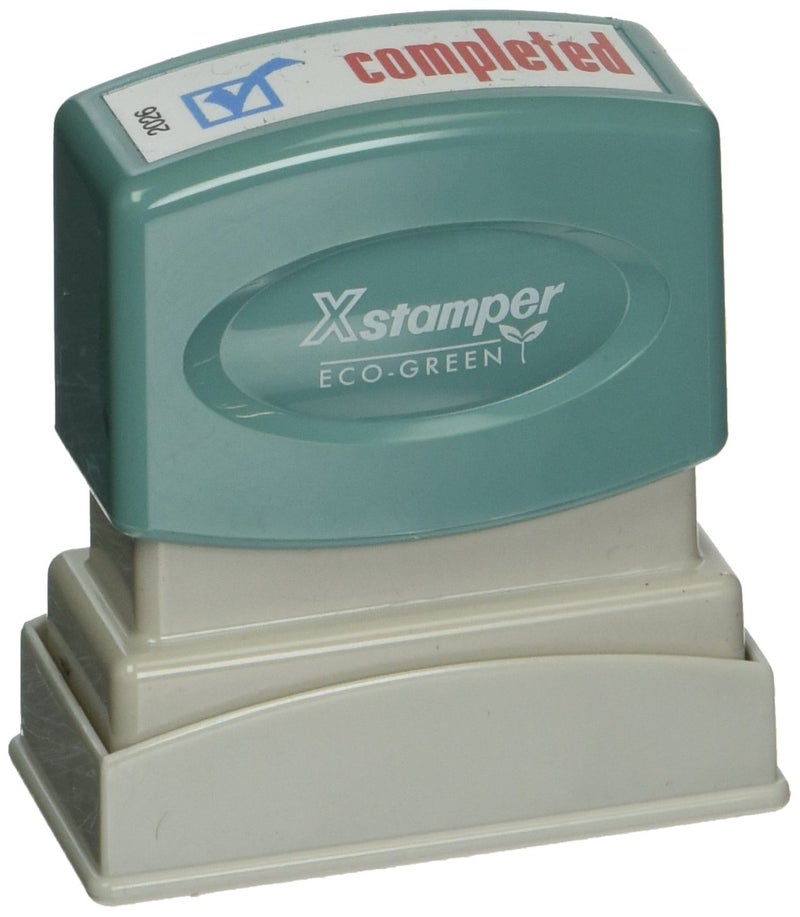 Xstamper Shachihata Xstamper(R) Pre-Inked, Re-Inkable Two-Color Title Stamp, ""Completed,Red/Blue - Image 1